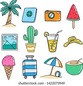 Set of Cute Doodle Summer Icons or Illustration on White Background