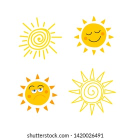 Set of cute doodle sun icon vector illustration for summer concept