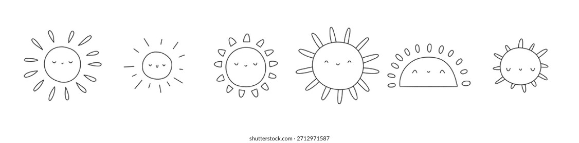 Conjunto de lindos soles doodle con caras sonrientes. Colección de Vector dibujada a mano en estilo minimalista de verano. Ilustración vectorial sobre un fondo aislado.