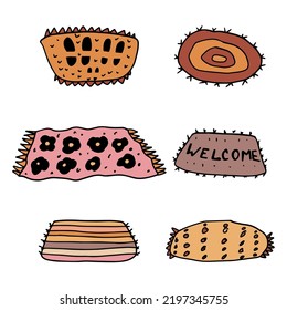 Set of cute doodle welcome or home carpets isolated on white background. Mat or rug collection.