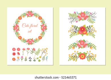 Set of cute doodle wreath, borders, design elements flowers and leaves for decoration, cards, wedding invitation, postcards, party, baby shower, birthday. Vintage floral  template. Vector illustration