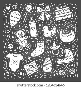 Set of cute doodles for baby shower isolated on the blackboard.