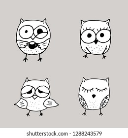 Set of cute doodles for birds, vector illustration, children modern print