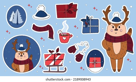 Set of cute doodles with Christmas animals, Santa's helpers, vector illustration with polar bear, fox, hedgehog, penguin, deer, Christmas doodles, ready-made Christmas stickers