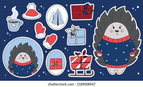 Set of cute doodles with Christmas animals, Santa's helpers, vector illustration with polar bear, fox, hedgehog, penguin, deer, Christmas doodles, ready-made Christmas stickers
