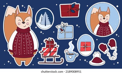 Set of cute doodles with Christmas animals, Santa's helpers, vector illustration with polar bear, fox, hedgehog, penguin, deer, Christmas doodles, ready-made Christmas stickers