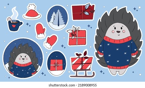 Set of cute doodles with Christmas animals, Santa's helpers, vector illustration with polar bear, fox, hedgehog, penguin, deer, Christmas doodles, ready-made Christmas stickers