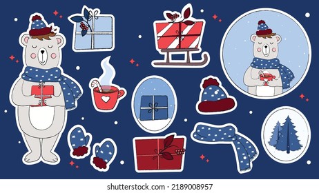 Set of cute doodles with Christmas animals, Santa's helpers, vector illustration with polar bear, fox, hedgehog, penguin, deer, Christmas doodles, ready-made Christmas stickers