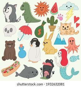 Set of cute doodles, colorful drawing art