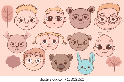 Set of cute doodles - girls, boys, pets, wild animals, trees