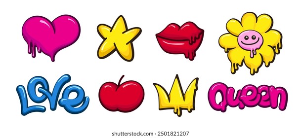 Set of cute doodles. Graffiti style  characters, letters, design elements. Groovy hippie heart, star, flower, apple, lips. Street wall art style. Bright vector stickers.