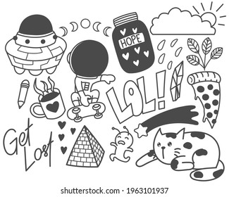 Set of cute doodles, hand drawn, black and white, print, art