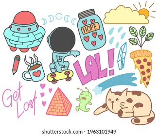 Set of cute doodles, hand drawn, print, art
