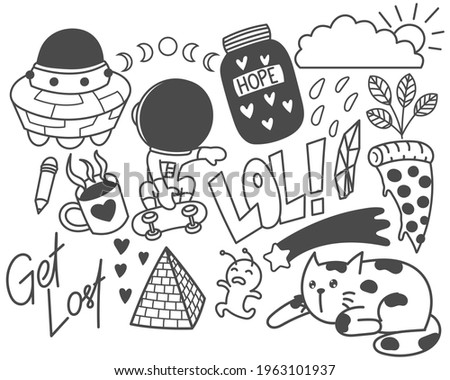 Set of cute doodles, hand drawn, black and white, print, art