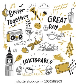 set of cute doodles isolated on white background set of cute doodles isolated on white background
