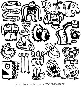 A set of cute doodles with monsters. Doodle monster character. Hand drawn style of monsters and ghosts. Vector illustration. Collection of monster silhouettes.