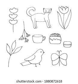 A set of cute doodles, vector illustration, sprig of lavender, the cat, tulip, branch with berries, cup, cake, macaron, leafy branch, bird and butterfly, hand drawing