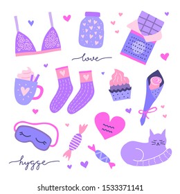 Set of cute doodles in violet, pink and blue colors for Hygge Valentine's day isolated on white background.
