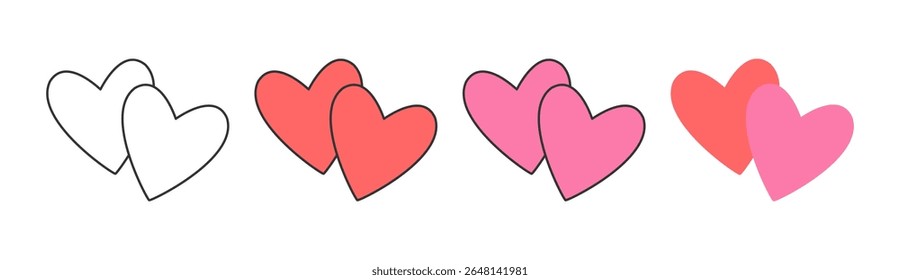Set of cute double heart icons in outline, red, and pink styles – flat design love symbols perfect for Valentine’s Day, romantic decor, stickers, greeting cards, and wedding graphics.