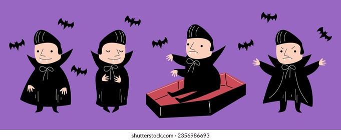 Set of cute Dracula vampire . Halloween cartoon characters . Doodle drawing style . Vector.