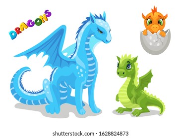 Set of cute dragon character, funny dragon baby, young and adult mother, cartoon vector illustration Cartoon medieval monsters collection.