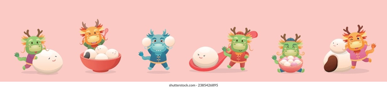 Set of cute dragon characters or mascots with glutinous rice balls for Lantern Festival or Winter Solstice, Asian sticky rice sweets with flavors and fillings, vector cartoon style