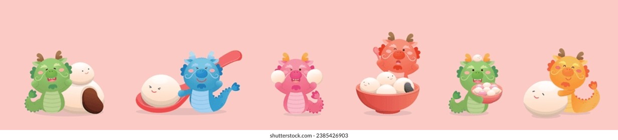 Set of cute dragon characters or mascots with glutinous rice balls for Lantern Festival or Winter Solstice, Asian sticky rice sweets with flavors and fillings, vector cartoon style