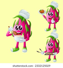 Set of cute dragon fruit character in the kitchen. Perfect for kids, merchandise and sticker, banner promotion or blog

