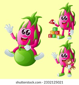 Set of cute dragon fruit characters playing with kid toys. Perfect for kids, merchandise and sticker, banner promotion or blog
