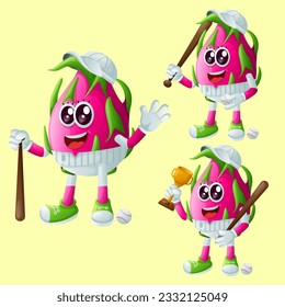 Set of cute dragon fruit characters playing baseball. Perfect for kids, merchandise and sticker, banner promotion or blog
