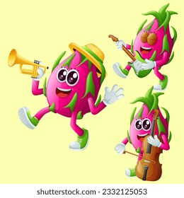 Set of cute dragon fruit characters playing musical instruments. Perfect for kids, merchandise and sticker
