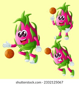 Set of cute dragon fruit characters playing basketball. Perfect for kids, merchandise and sticker, banner promotion or blog
