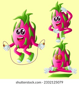 Set of cute dragon fruits character exercising. Perfect for kids, merchandise and sticker, banner promotion or blog
