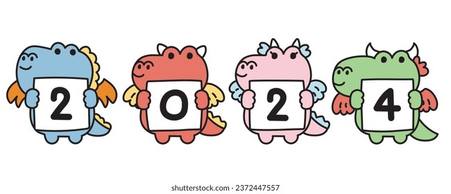 Set of cute dragon hold 2024 write on paper.Jurrasic animal character cartoon design.Hppy new year.Baby graphic.Kawaii.Vector.Illustration.