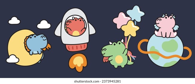 Set of cute dragon in space concept.Chinese zodiac animal character cartoon design.Moon,rocket,star balloon,the earth hand drawn.Kawaii.Vector.Illustration.