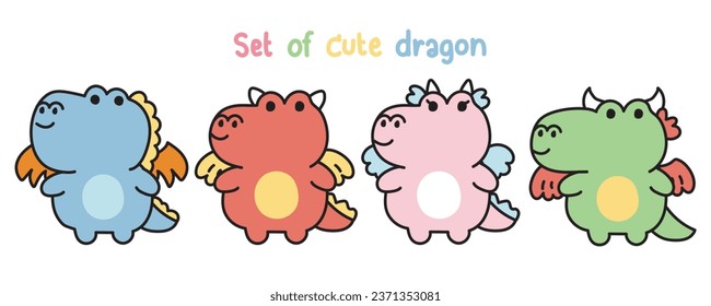 Set of cute dragon stand on white background.Jurassic animal character cartoon design.Image for card,poster,baby clothing.Kawaii.Vector.Illustration.