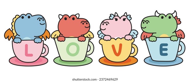 Set of cute dragon stay in coffee cup have love text writing.Jurassic animal character cartoon design.Image for card,poster,baby clothing.Kawaii.Vector.Illustration.