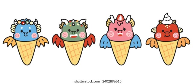 Set of cute dragon various flavor ice cream on white background.Chinese animal character cartoon desing.Sweet and dessert.Zodiac.Kawaii.Vector.Illustration.