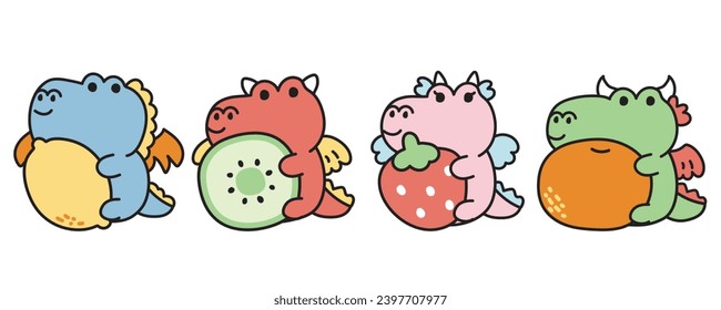 Set of cute dragon with various fruits on white background.Chinese animal character cartoon design.Happy new year 2024.Zodiac.Lemon,kiwi,strawberry,orange hand drawn.Kawaii.Vector.Illustration.