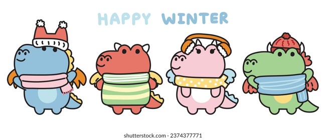 Set of cute dragon in winter clothing.Merry christmas.Jurassic animal character cartoon design collection.Cold.Kawaii.Vector.Illustration.