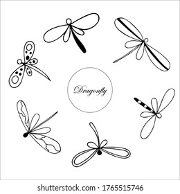 Set of cute dragonflies in black white with ornament. Vector image.

