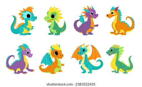 Juego de dragones lindos. Persona del dragón infantil. Dibujo vectorial de estilo moderno.