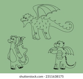 Set of cute dragons. Fairytale animals in outline style.