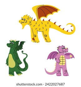 Set of cute dragons. Fairytale animals in doodle style.