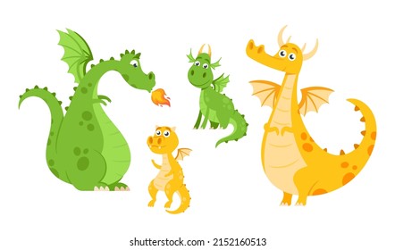 Set of Cute Dragons with Green and Yellow Skin. Fairytale Mythology Fire-breathing Amphibians and Reptiles With Wings and Teeth. Medieval Fantasy Wild Animal Creatures. Vector Illustration