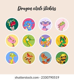 Set of cute dragons sircle sticker. Collection of funny fantasy animal character illustration isolated on beige background. Perfect as icons for holidays, highlight covers, books