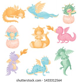 Set of cute dragons. Vector illustration on white background.