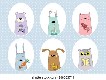 Set with cute draw animals. Vector illustration.