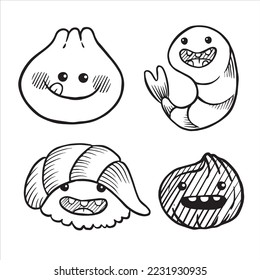 set with cute drawings of asian food. Japanese food. funny smiling characters, kawaii.