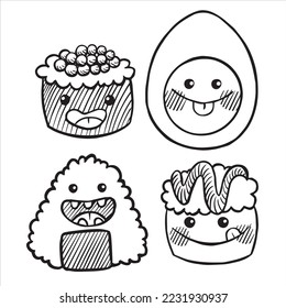 set with cute drawings of asian food. Japanese food. funny smiling characters, kawaii.